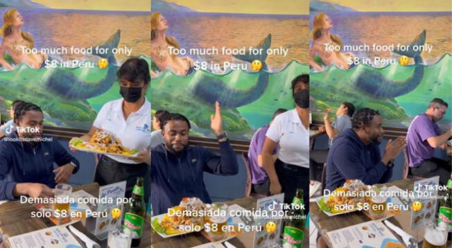 Turista es viral por su reacción al recibir enorme plato de comida marina.