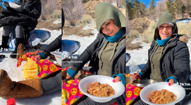 Mujeres peruanas que viven en Estados Unidos no olvidan sus tradiciones y sorprenden al llevar su olla de comida a un nevado.