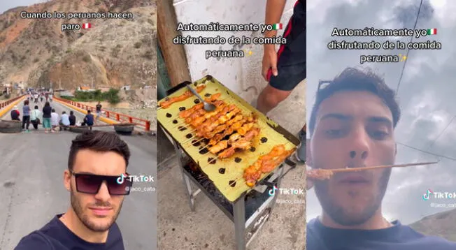 El joven extranjero decidió aprovechar el tiempo y degustar de unas brochetas de pollo.