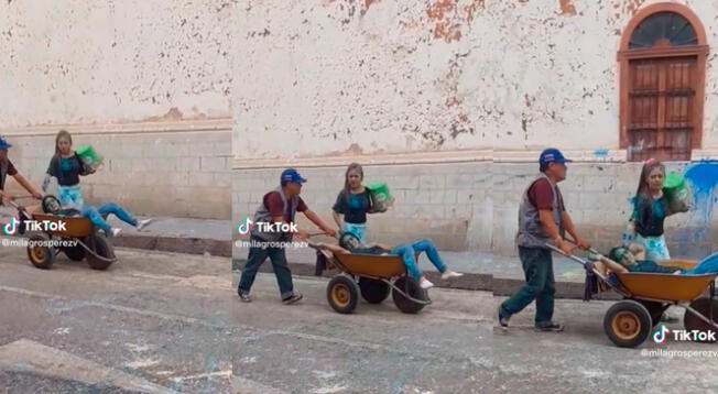 ¡Eso es amistad! Una mujer cuida a su amiga, quien es trasladada en una carretilla tras gozar en los Carnavales de Cajamarca.