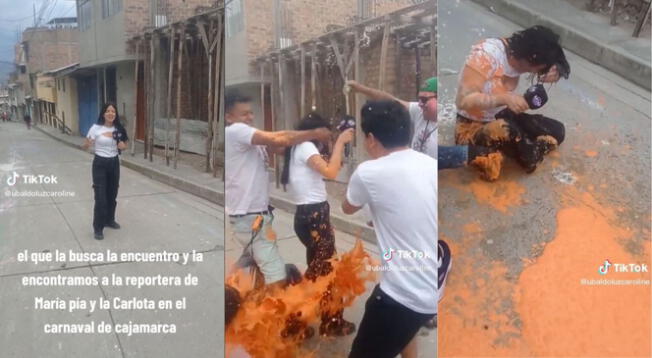 Una reportera fue sorprendida por un grupo de personas en el carnaval de Cajamarca.