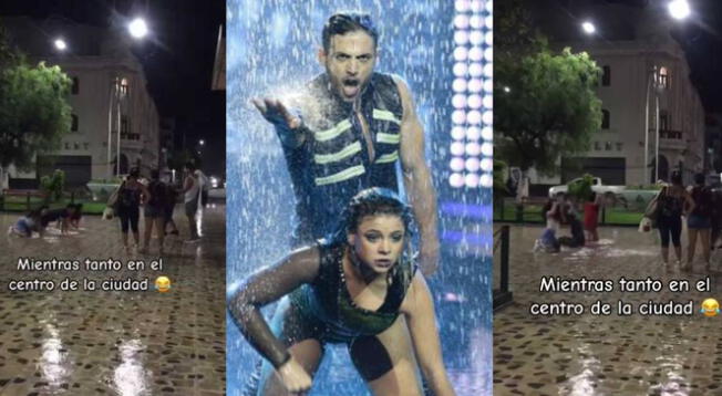 Jóvenes chiclayanos aprovechan lluvia y realizan show acuático en vivo