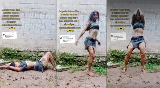 Mujer no dudó en aprovechar el barro para demostrar su talento para el baile.