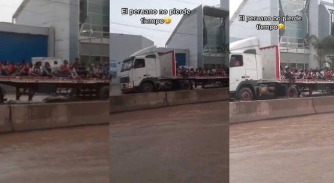 Camión de carga se transforma en transporte público y lleva pasajeros por inundación