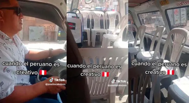 Un conductor de transporte público implementó sillas plásticas a su combi.