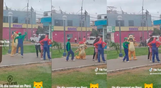 Personajes de Mario Bros son captados bailando caporales en la calle.