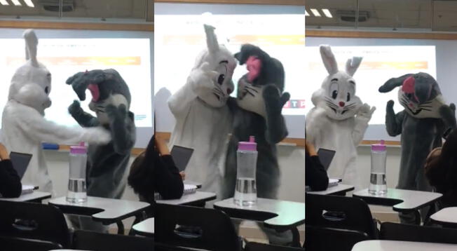 Alumnos de la UTP salen a bailar disfrazados de conejos.