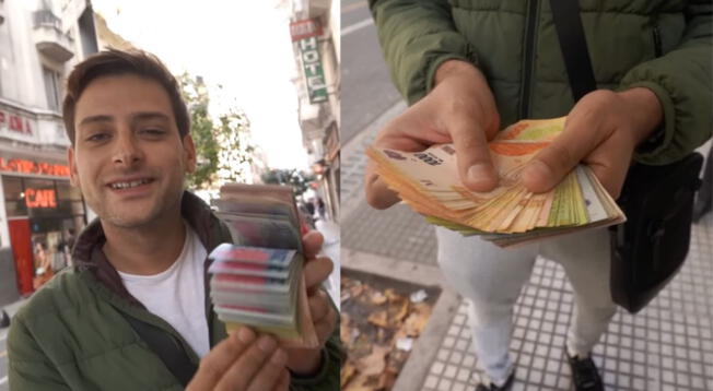 Youtuber mostró el gran fajo de billetes que recibió de la casa de cambio.