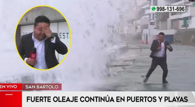 Eder Hernández, periodista de América TV, se moja en vivo mientras informaba sobre oleaje anómalo en San Bartolo.