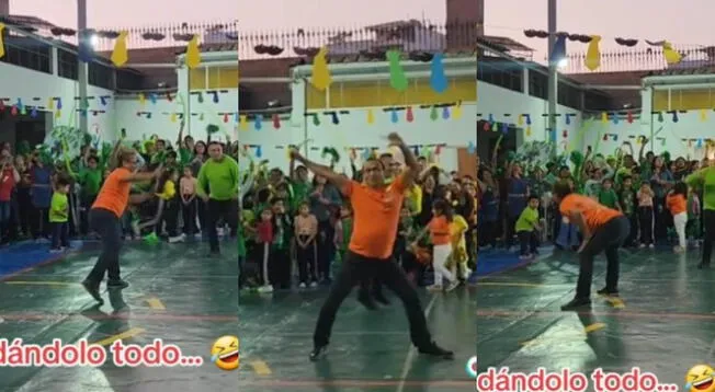 Padre de familia cautivó las redes sociales con curioso baile en actuación escolar.