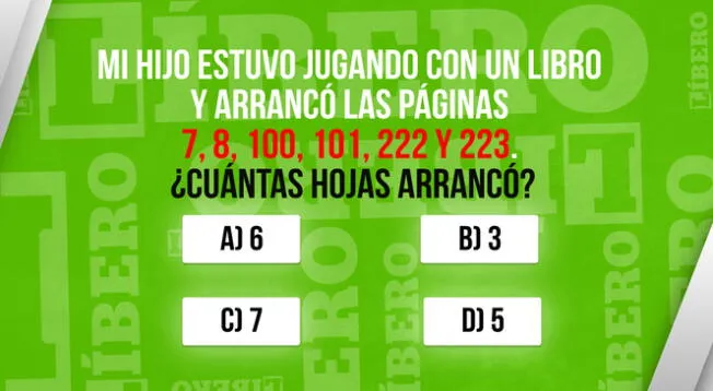 Analiza la adivinanza y descubre cuántas páginas arrancó el niño del libro. Tienes pocos segundos.