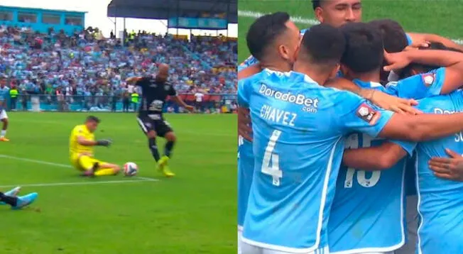 Los jugadores de Sporting Cristal celebran tras el gol de Joao Grimaldo.