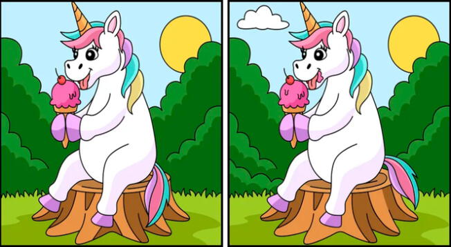 Activa tu ojo experto y logra ubicar las 6 diferencias entre los unicornios que están comiendo su delicioso helado.
