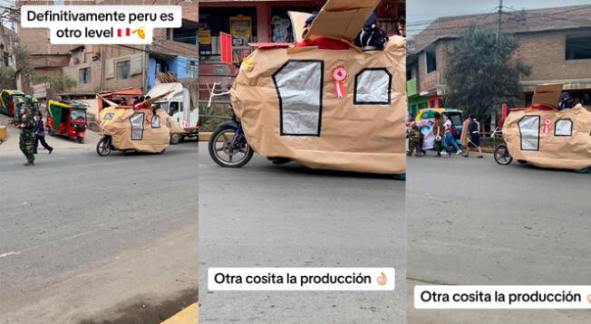 Un padre de familia decidió prestar su mototaxi para el desfile escolar de su hijo.