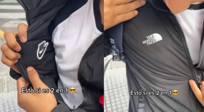 Joven luce una casaca con dos marcas al mismo tiempo