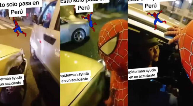 'Spider-Man' se luce con ayuda de emergencia en accidente vehicular