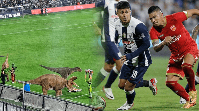 En el entretiempo aparecieron dinosaurios en la cancha de Matute.