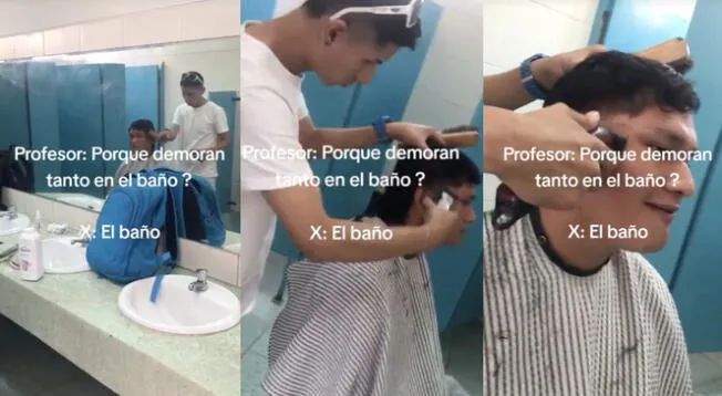 Un joven se volvió tendencia por convertir el baño de su universidad en Barbershop.