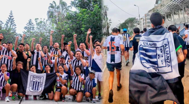 Miembros de 'Grone Runners' anuncian maratón en octubre vistiendo la Camiseta Blanquimorada de Alianza Lima.