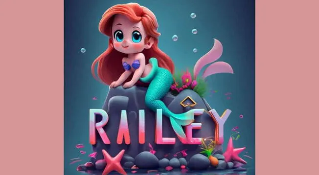 Nombre personalizado 'Railey' con diseño en 3D de 'La Sirenita'. Nombre personalizado 'Railey' con diseño en 3D de 'La Sirenita'.