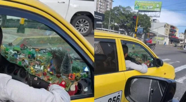 Conductor de taxi se prepara para la Navidad con Nacimiento en carro