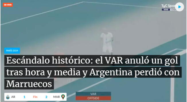 TyC Sports calificó de escándalo el gol que anularon a Argentina