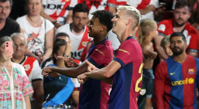 Dani Olmo celebra la victoria de Barcelona junto a Lamine Yamal.