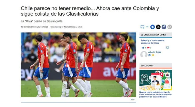 "Parece no tener remedio", analiza el medio Emol sobre la dura derrota de su selección contra Colombia