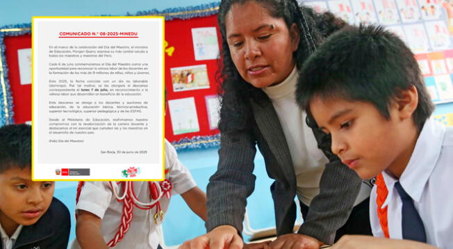 Minedu confirma que no habrá clases este lunes 7 de julio, otorgando día libre a docentes y auxiliares. Minedu confirma que no habrá clases este lunes 7 de julio, otorgando día libre a docentes y auxiliares.