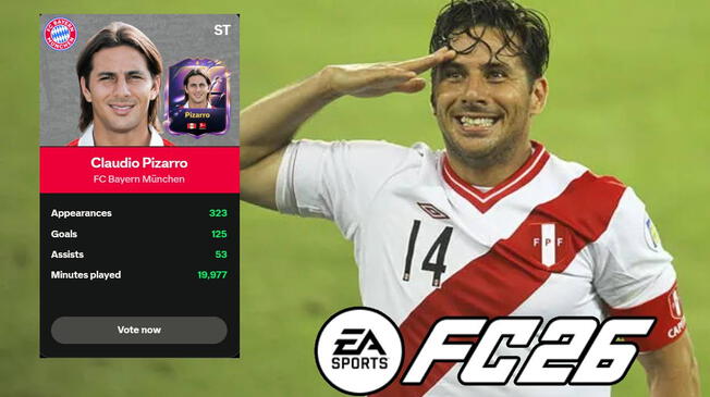 Así puedes votar por Claudio Pizarra para que sea HÉROE en el EA Sports FC 2026 con el Bayern Múnich. Así puedes votar por Claudio Pizarra para que sea HÉROE en el EA Sports FC 2026 con el Bayern Múnich.