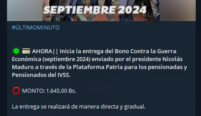 El Bono de Guerra 2024 para pensionados llega al Sistema Patria.   