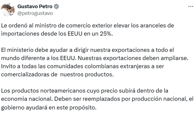 <em>Petro impone aranceles del 25% a EE. UU. en respuesta a Trump</em>.   
