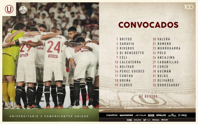 Lista de convocados de la 'U' para el partido ante Comerciantes Unidos. Foto: Universitario   