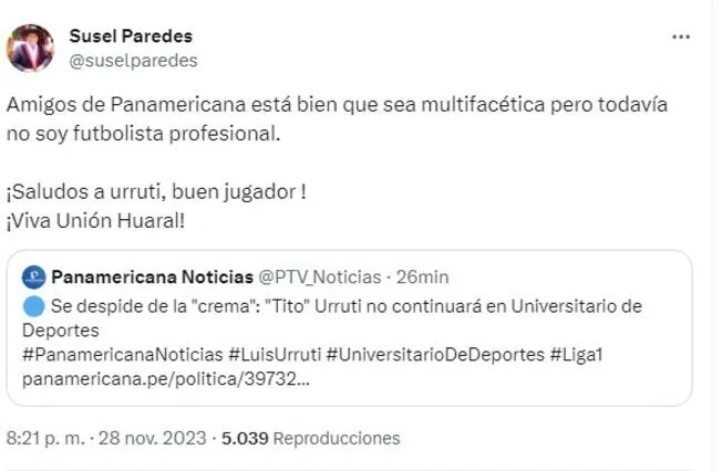 Susel Paredes respondió a Panamericana en la red social "X".   