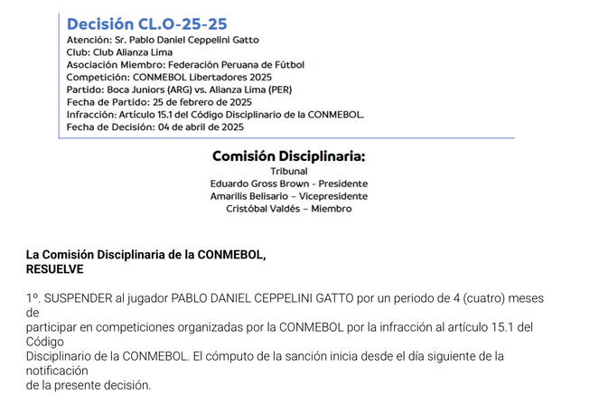 Comunicado de la Comisión de Disciplina. Foto: Conmebol Comunicado de la Comisión de Disciplina. Foto: Conmebol