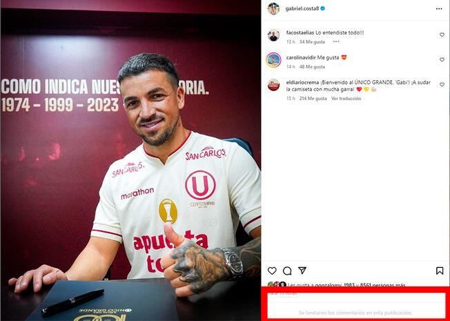 Gabriel Costa limit los comentarios en redes sociales. 