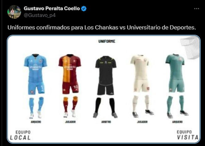 Estos so los uniformes que usarán Universitario y Chankas para el partido del domingo.    