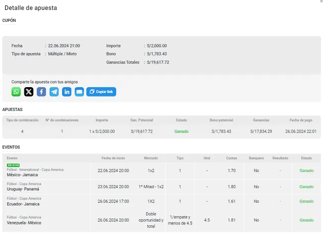 Así es la apuesta deportiva ganadora. Foto: captura Así es la apuesta deportiva ganadora. Foto: captura