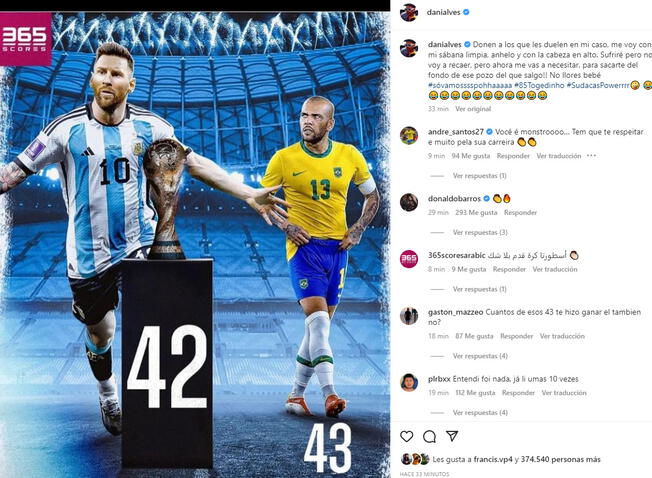  La publicación de Dani Alves sobre Messi en Instagram.   