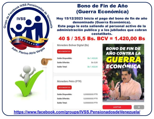 Desde el 15 de diciembre, el Bono de Guerra Económica está siendo entregado en Venezuela. Foto: Facebook.   