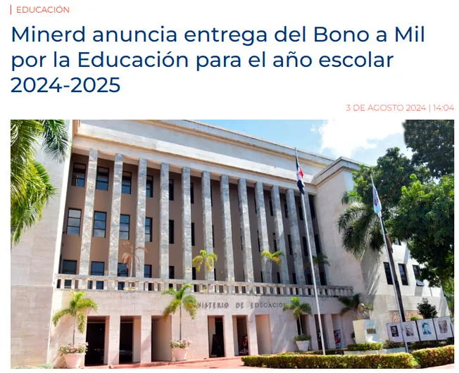 Minerd informó que desde el 15 de agosto inicia el desembolso del Bono a Mil.   
