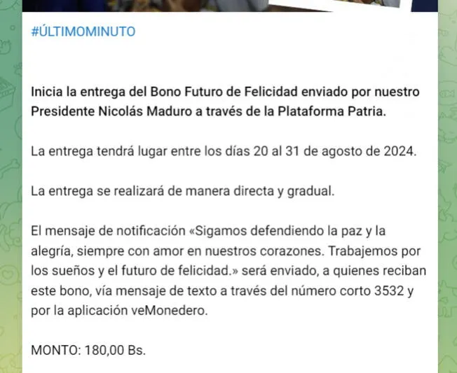 El Bono Futuro de Felicidad está disponible en el Sistema Patria. (Foto: Telegram)   