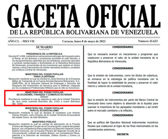 El NUEVO valor de la Unidad Tributaria es establecido en esta Providencia Administrativa. Foto: Gaceta Oficial de la República Bolivariana de Venezuela.   