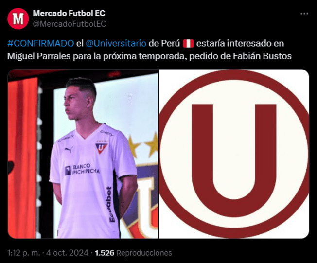 Miguel Parrales fue el pedido de Fabián Bustos a Universitario para el 2025. Foto: X - Mercado Fútbol EC   