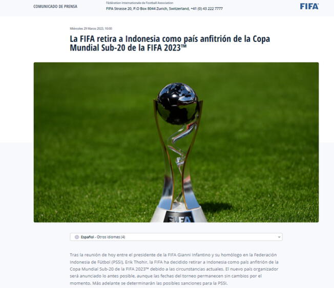 Fifa remove Indonésia como país-sede da Copa do Mundo Sub-20