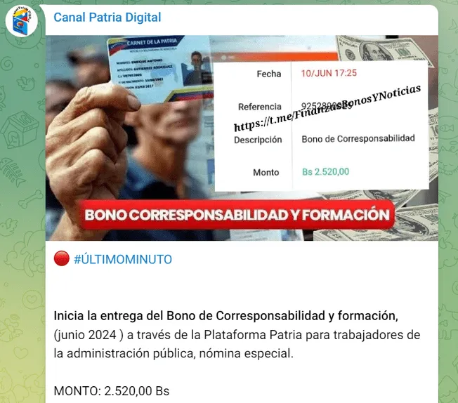 El pago del Bono Corresponsabilidad y Formación de junio 2024 fue confirmado en el Canal Patria Digital. Imagen: Canal Patria Digital.   