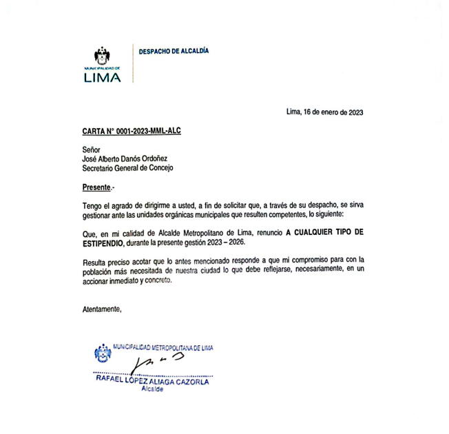 El alcalde envió una carta al secretario General del Concejo. Foto: Municipalidad de Lima/Twitter   
