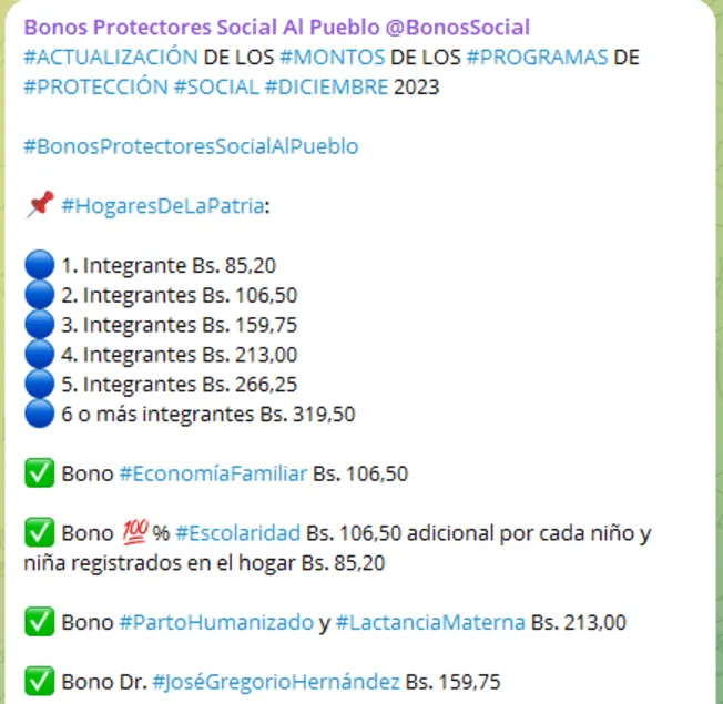 Nuevos montos anunciados por Bonos Protectores Social Al Pueblo. Foto: Telegram.   