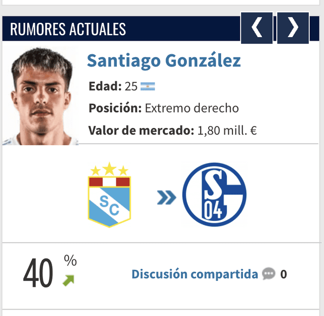 Santiago Gonzalez podría dejar Sporting Cristal para jugar en Schalke 04/Foto: Transfermarkt   