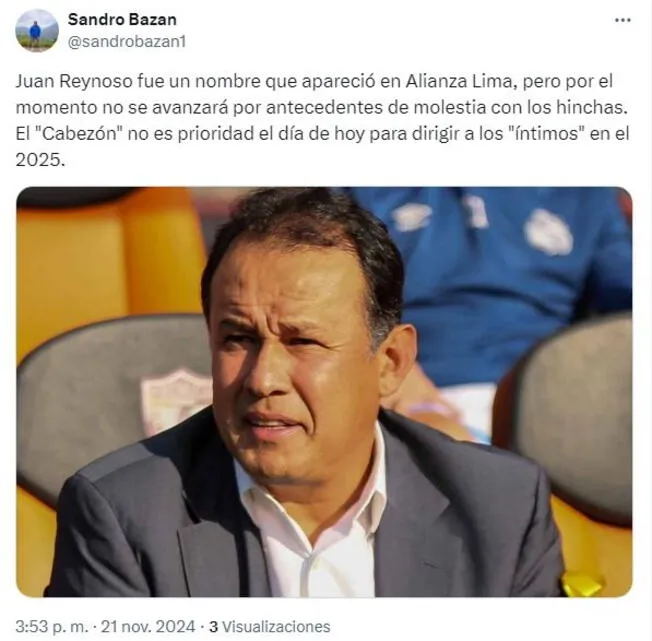 Juan Reynoso no es prioridad de Alianza Lima para ser DT en la temporada 2025/Foto: X 